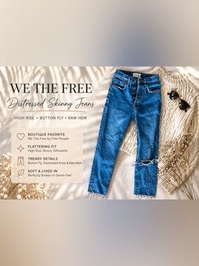 We The Free High Rise Distressed Skinny Jeans Button Fly Raw Hem Blue Denim
